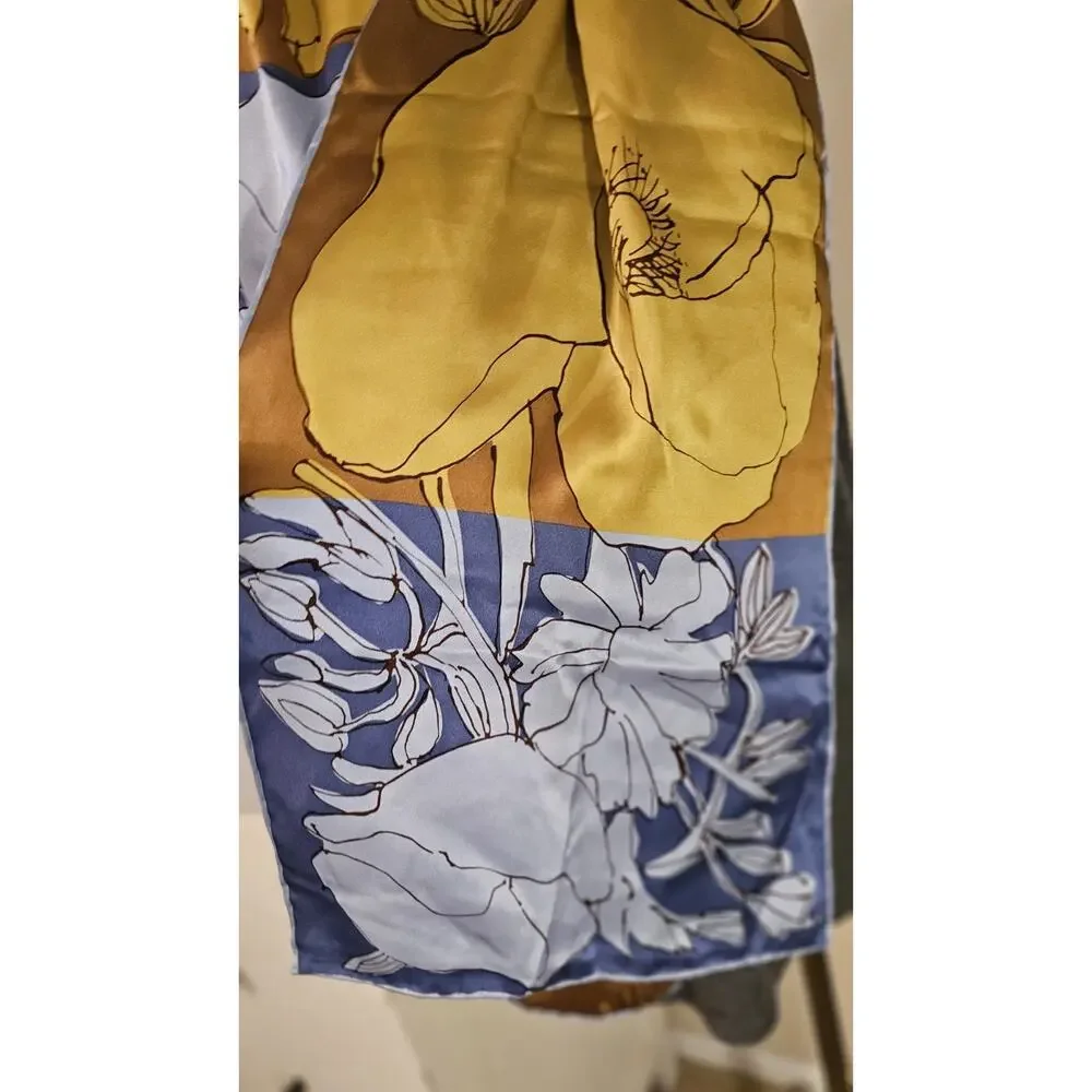 Vera Neumann Vintage 100% Silk Scarf Hand Rolled Mod Floral Yellow Blue 65